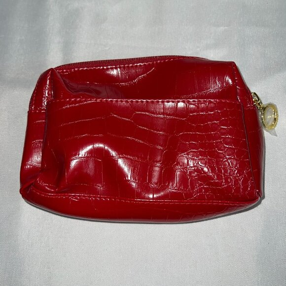 Estee Lauder Handbags - Estee Lauder Red Crocodile Embossed Vegan Leather Cosmetic Bag With Gold Detaili